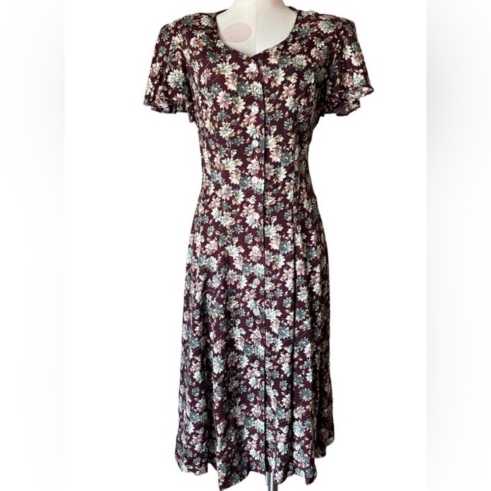 Vintage 90s Floral Flutter sleeve Dress Button-Up Front Maxi, Cotton Blend small - Picture 2 of 8